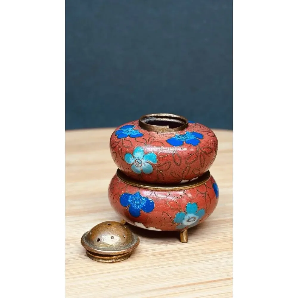 Vintage Chinese Cloisonné Salt Dip & Pepper Shaker Combination Floral Enamel